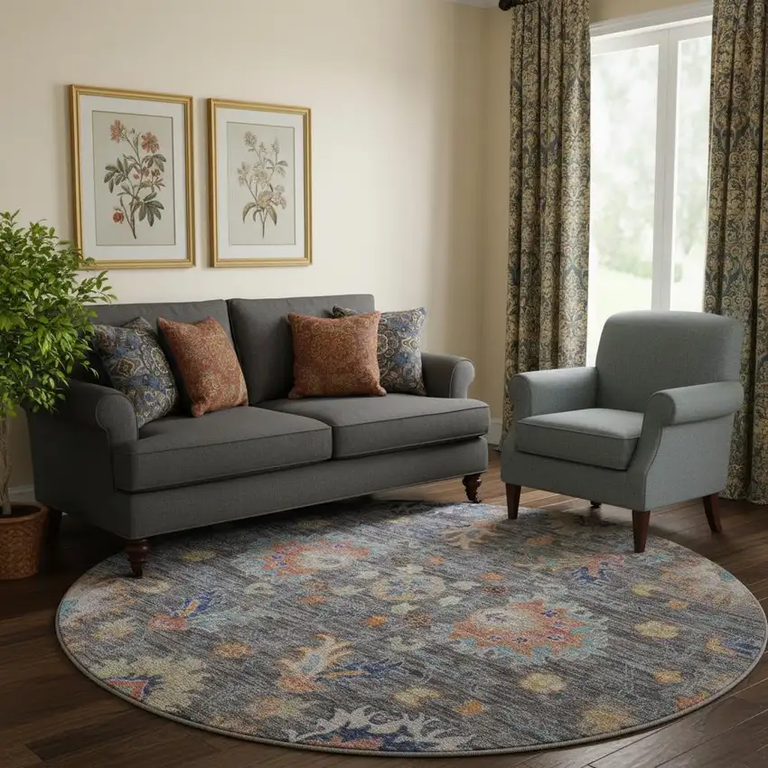 8' Gray And Copper Oriental Washable Round Rug With UV Protection Photo 1