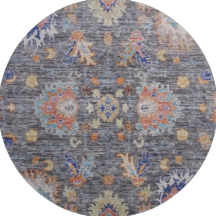 8' Gray And Copper Oriental Washable Round Rug With UV Protection Photo 4