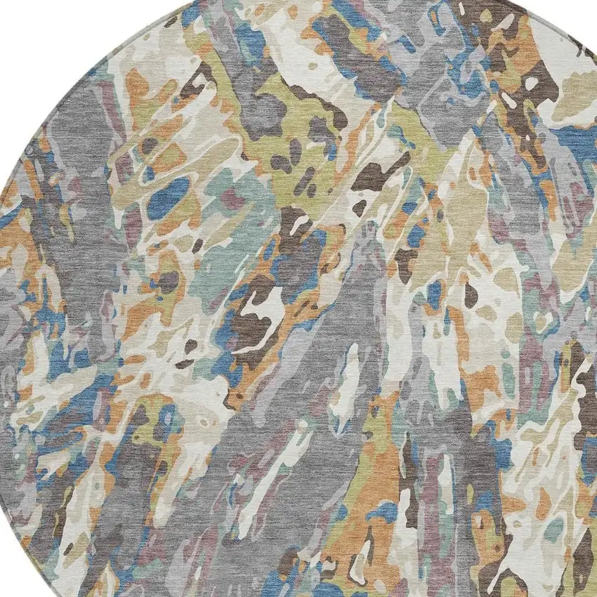 8' Gray And Copper Round Abstract Washable Indoor Outdoor Area Rug Photo 2