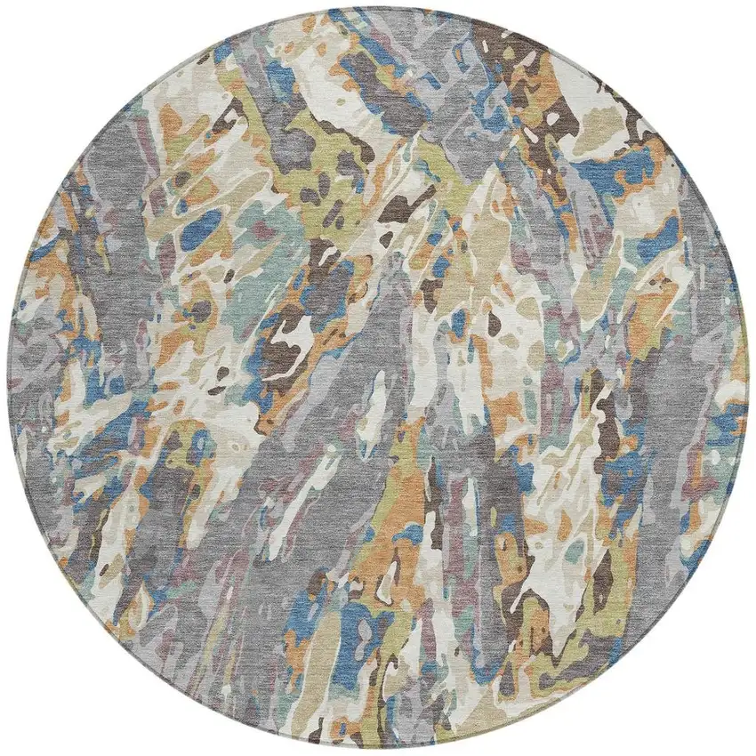 8' Gray And Copper Round Abstract Washable Indoor Outdoor Area Rug Photo 3
