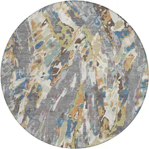 Photo of 8' Gray And Copper Round Abstract Washable Indoor Outdoor Area Rug