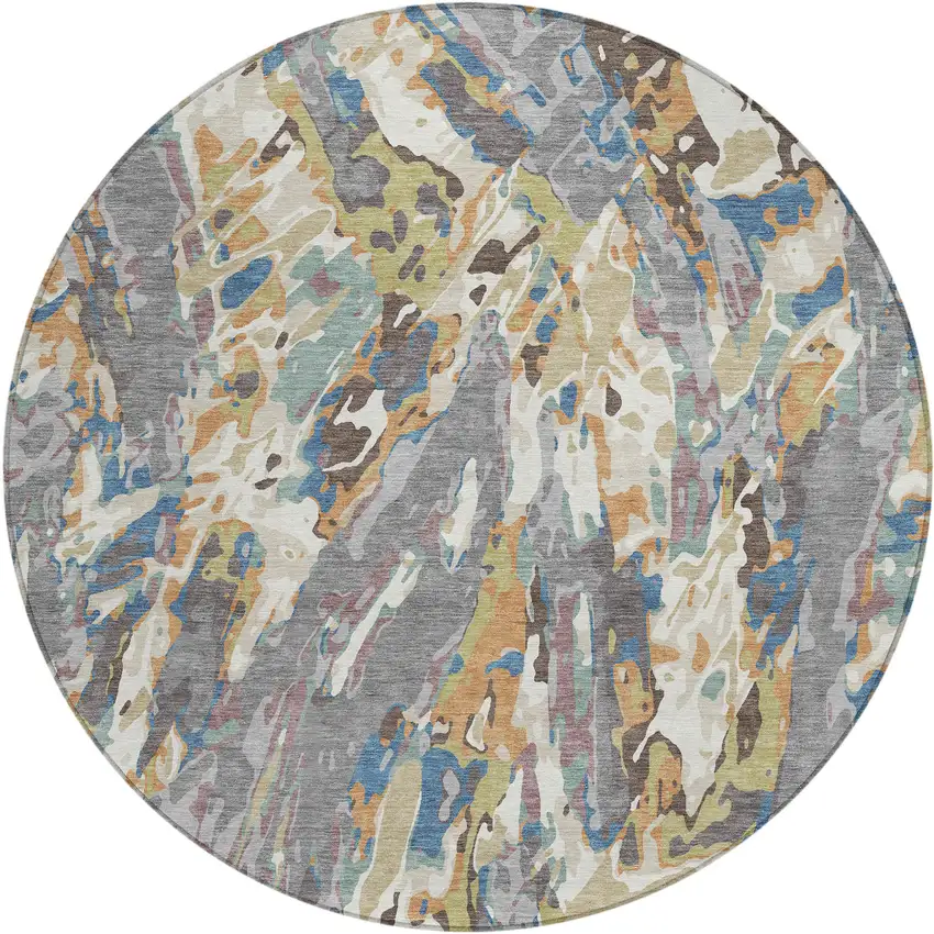 8' Gray And Copper Round Abstract Washable Indoor Outdoor Area Rug Photo 1