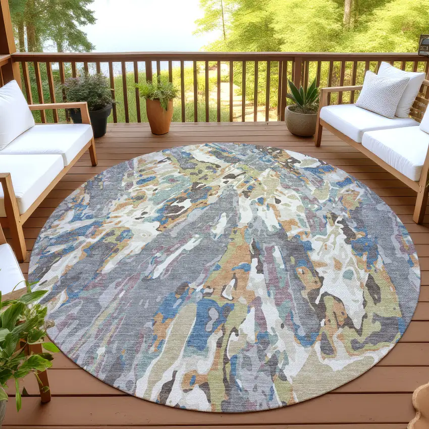 8' Gray And Copper Round Abstract Washable Indoor Outdoor Area Rug Photo 4