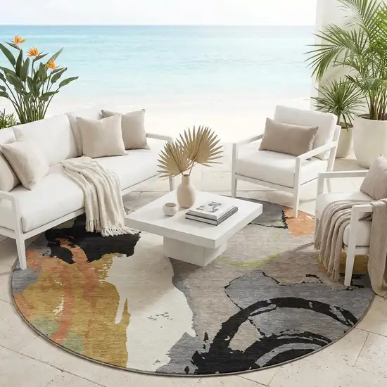 8' Gray And Copper Round Abstract Washable Indoor Outdoor Area Rug Photo 1