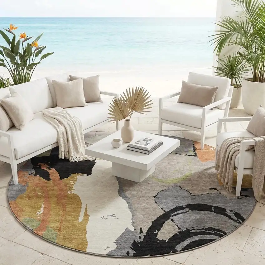 8' Gray And Copper Round Abstract Washable Indoor Outdoor Area Rug Photo 1