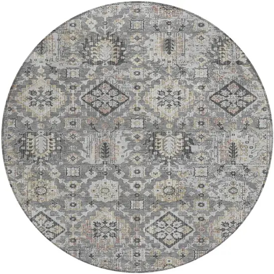 8' Gray And Copper Round Floral Medallion Washable Indoor Outdoor Area Rug Photo 1