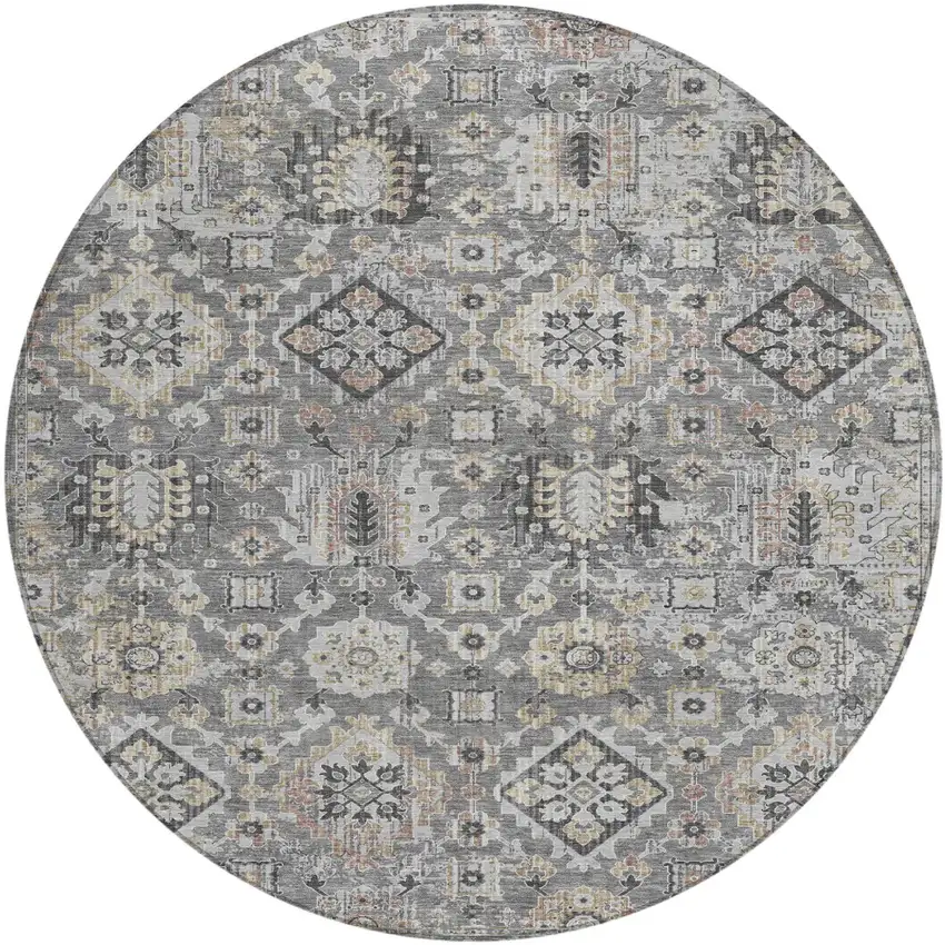 8' Gray And Copper Round Floral Medallion Washable Indoor Outdoor Area Rug Photo 1