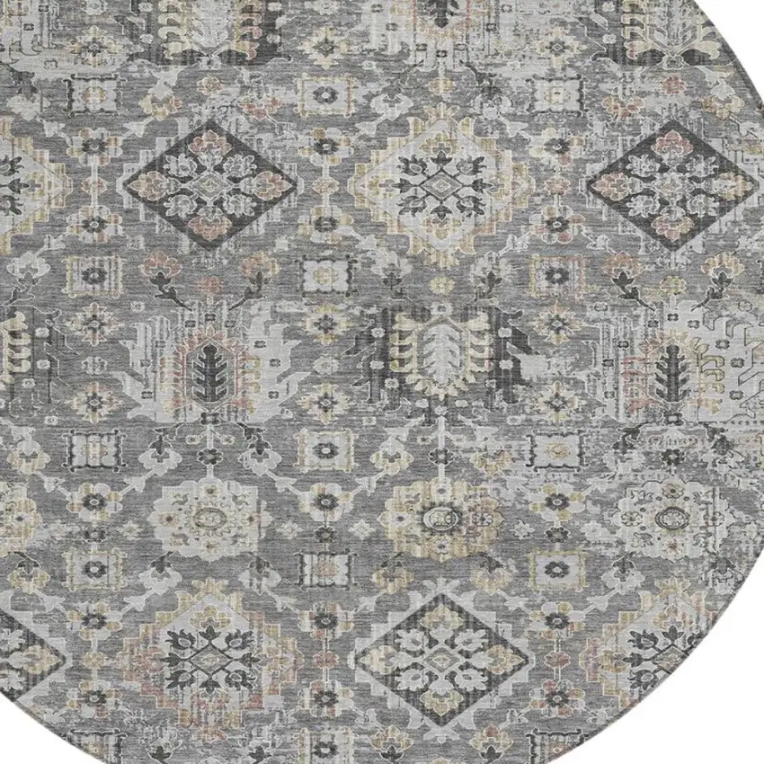 8' Gray And Copper Round Floral Medallion Washable Indoor Outdoor Area Rug Photo 8