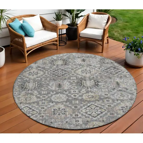 8' Gray And Copper Round Floral Medallion Washable Indoor Outdoor Area Rug Photo 2