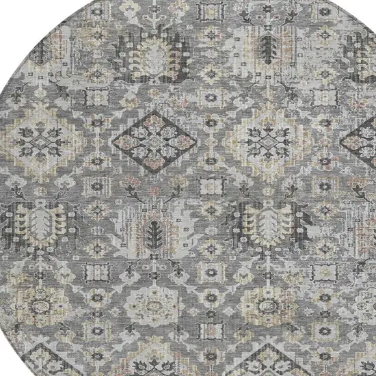 8' Gray And Copper Round Floral Medallion Washable Indoor Outdoor Area Rug Photo 4