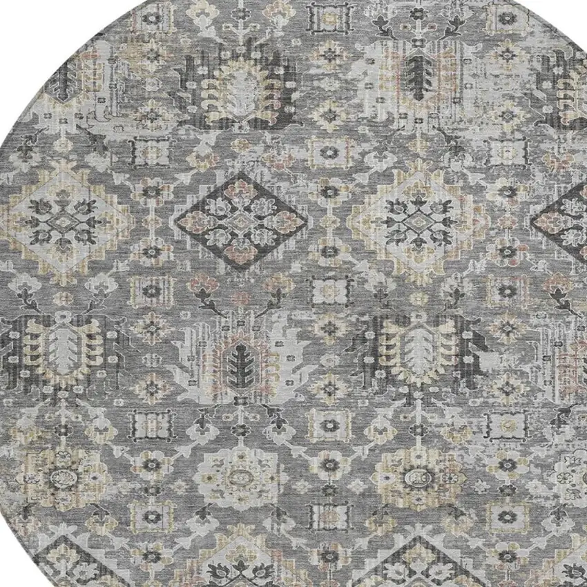 8' Gray And Copper Round Floral Medallion Washable Indoor Outdoor Area Rug Photo 4