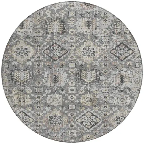 8' Gray And Copper Round Floral Medallion Washable Indoor Outdoor Area Rug Photo 3