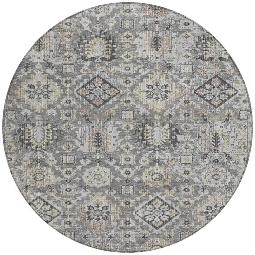 8' Gray And Copper Round Floral Medallion Washable Indoor Outdoor Area Rug Photo 3
