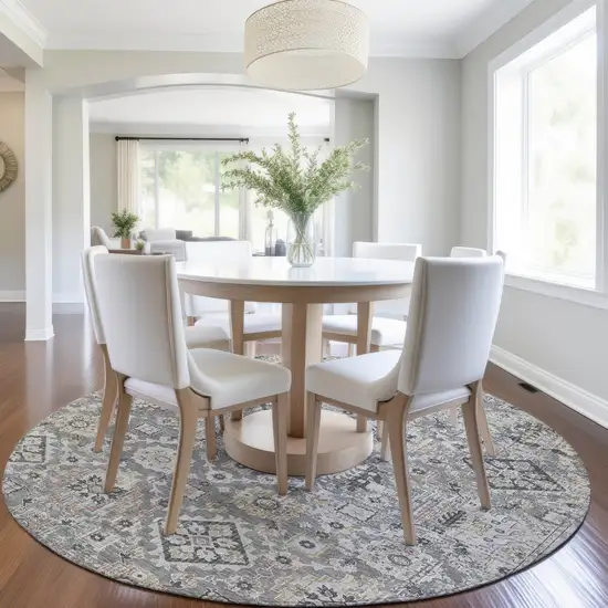 8' Gray And Copper Round Floral Medallion Washable Indoor Outdoor Area Rug Photo 6