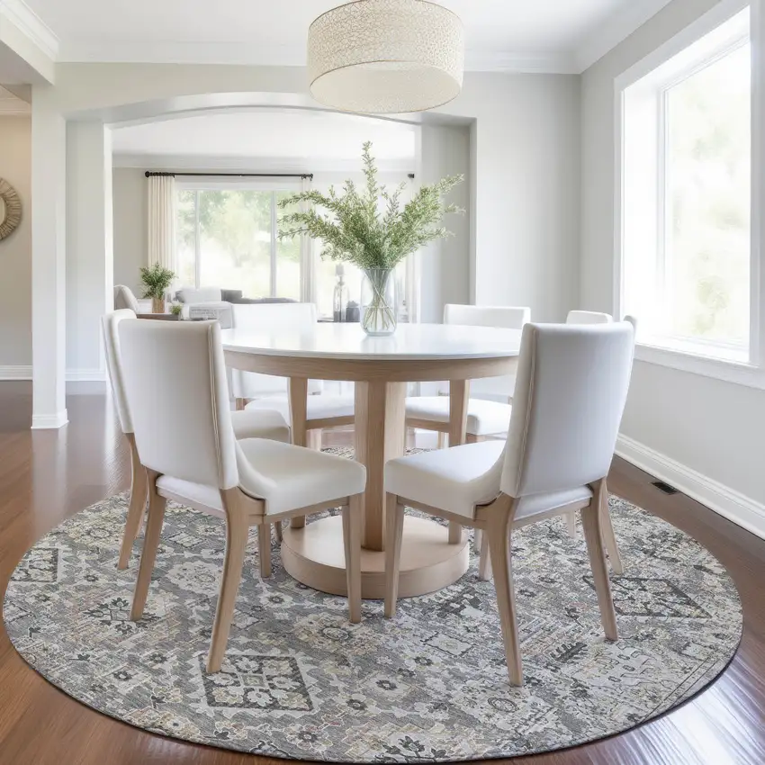 8' Gray And Copper Round Floral Medallion Washable Indoor Outdoor Area Rug Photo 6