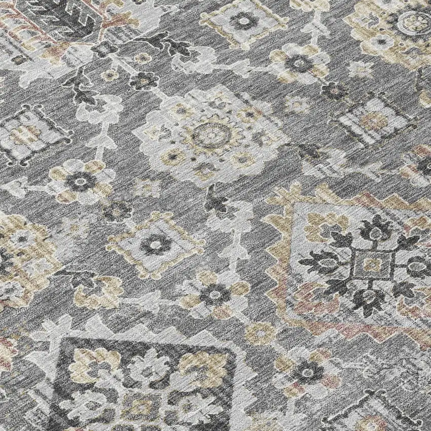 8' Gray And Copper Round Floral Medallion Washable Indoor Outdoor Area Rug Photo 9