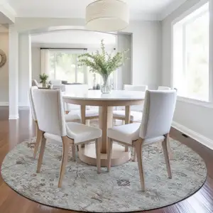 Photo of 8' Gray And Copper Round Floral Washable Indoor Outdoor Area Rug