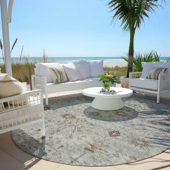 8' Gray And Copper Round Floral Washable Indoor Outdoor Area Rug Photo 5