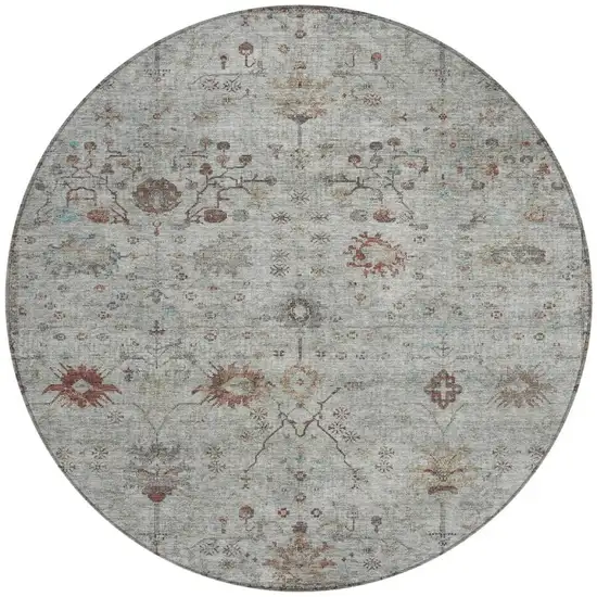 8' Gray And Copper Round Floral Washable Indoor Outdoor Area Rug Photo 3