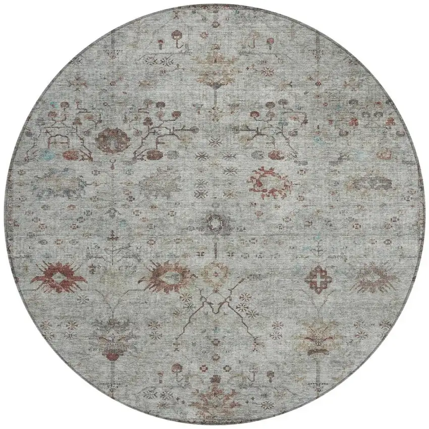 8' Gray And Copper Round Floral Washable Indoor Outdoor Area Rug Photo 3