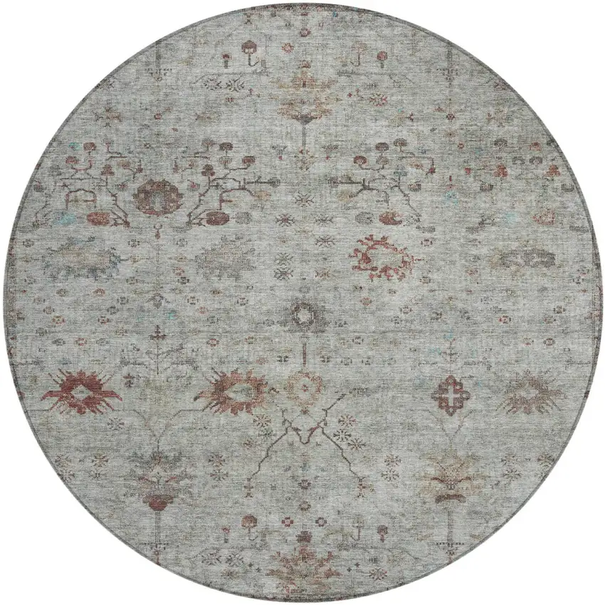 8' Gray And Copper Round Floral Washable Indoor Outdoor Area Rug Photo 1