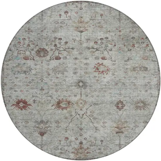 8' Gray And Copper Round Floral Washable Indoor Outdoor Area Rug Photo 1