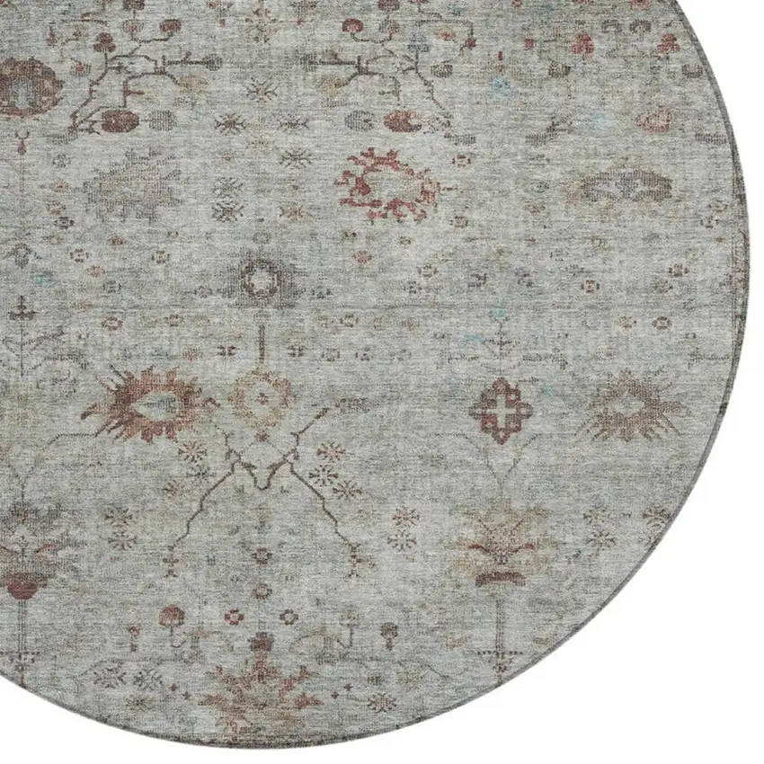 8' Gray And Copper Round Floral Washable Indoor Outdoor Area Rug Photo 8
