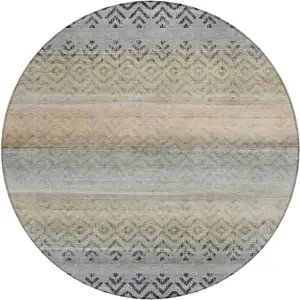 Photo of 8' Gray And Copper Round Geometric Washable Indoor Outdoor Area Rug