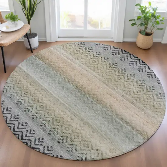 8' Gray And Copper Round Geometric Washable Indoor Outdoor Area Rug Photo 6