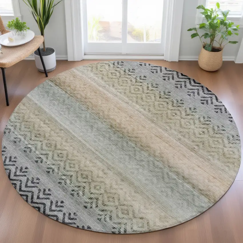 8' Gray And Copper Round Geometric Washable Indoor Outdoor Area Rug Photo 6