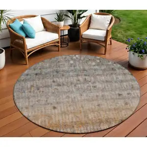 Photo of 8' Gray And Copper Round Striped Washable Indoor Outdoor Area Rug
