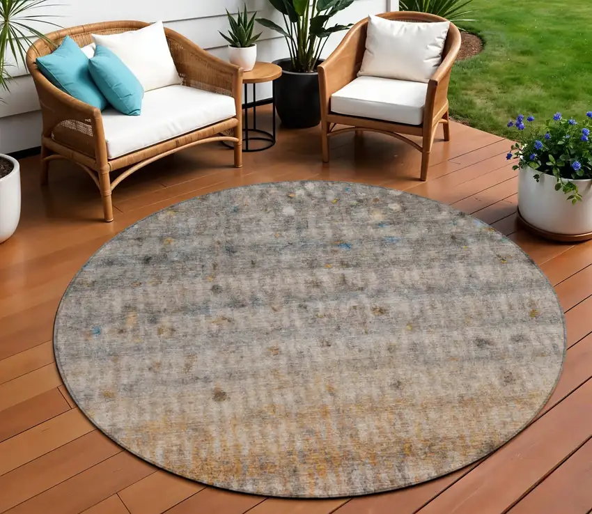 8' Gray And Copper Round Striped Washable Indoor Outdoor Area Rug Photo 1