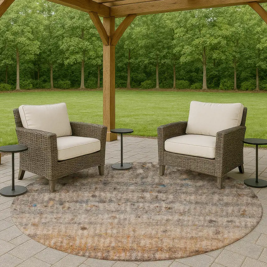 8' Gray And Copper Round Striped Washable Indoor Outdoor Area Rug Photo 8