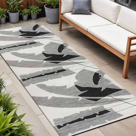 8' Gray And Cream Abstract Indoor Outdoor Runner Rug Photo 1