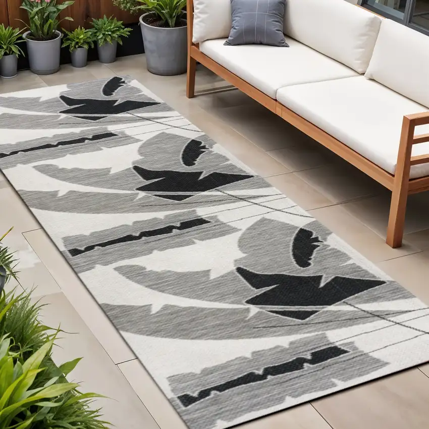 8' Gray And Cream Abstract Indoor Outdoor Runner Rug Photo 1