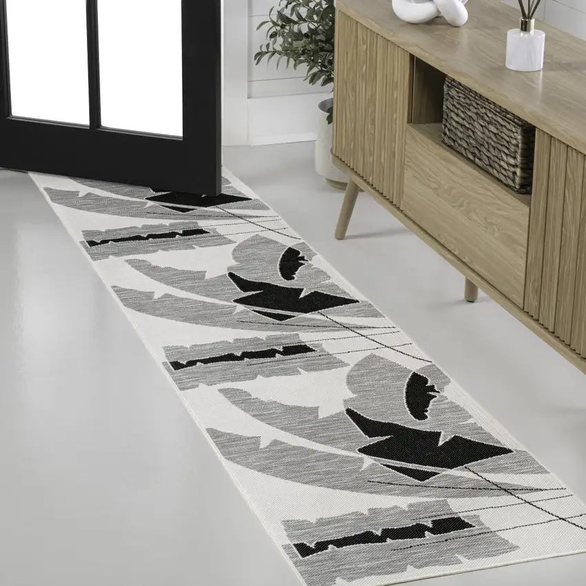 8' Gray And Cream Abstract Indoor Outdoor Runner Rug Photo 3