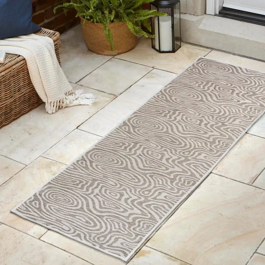 8' Gray And Cream Abstract Washable Indoor Outdoor Runner Rug Photo 2
