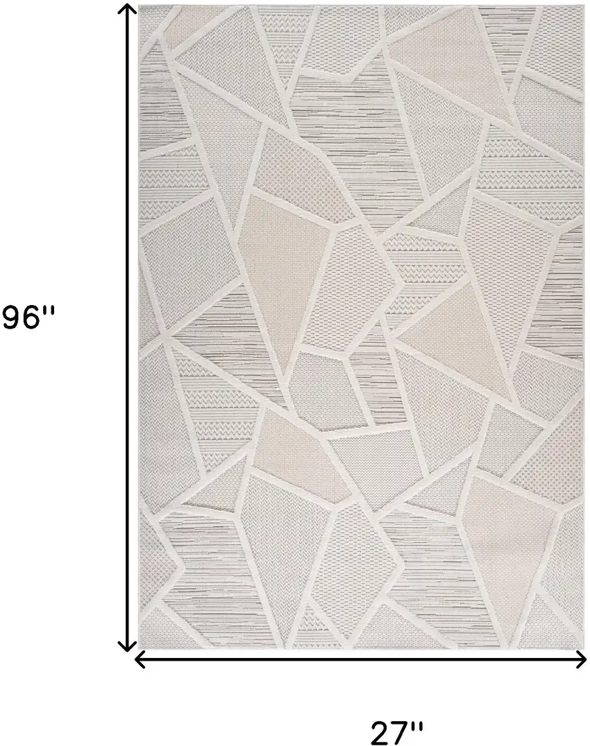 8' Gray And Cream Geometric Runner Rug Photo 3