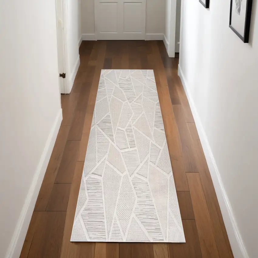 8' Gray And Cream Geometric Runner Rug Photo 1