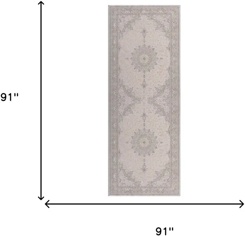 8' Gray And Cream Medallion Runner Rug Photo 7