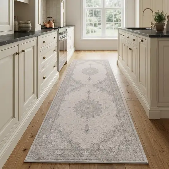 8' Gray And Cream Medallion Runner Rug Photo 1