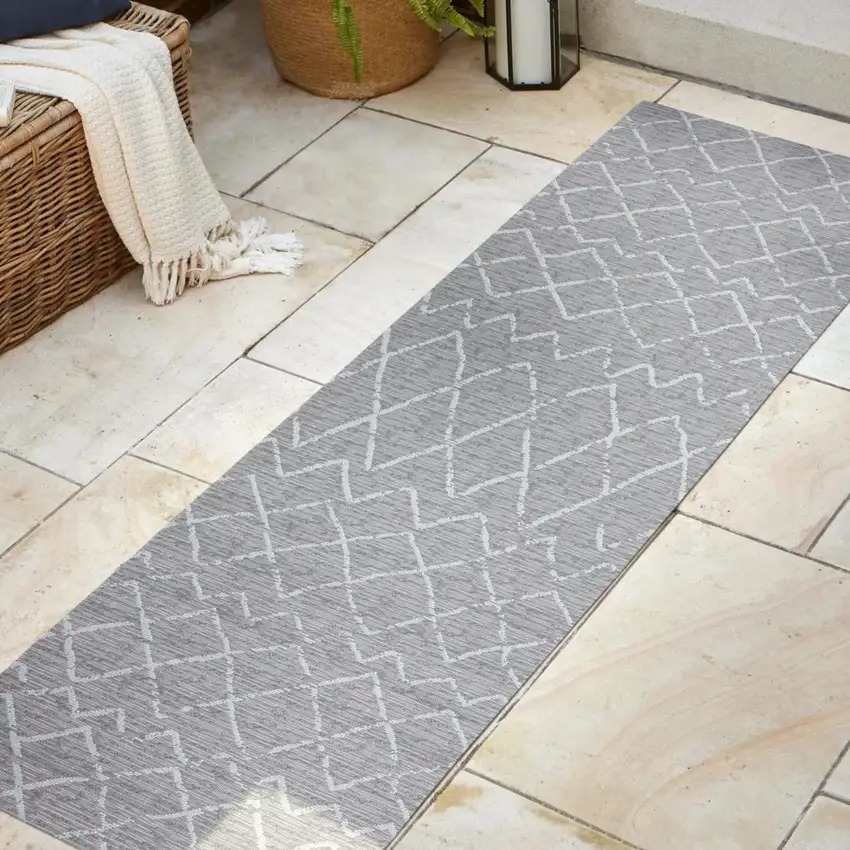 10' Gray And Cream Moroccan Indoor Outdoor Runner Rug Photo 7