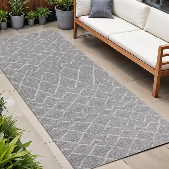 8' Gray And Cream Moroccan Indoor Outdoor Runner Rug Photo 1