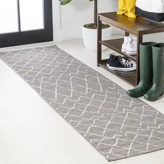 8' Gray And Cream Moroccan Indoor Outdoor Runner Rug Photo 6