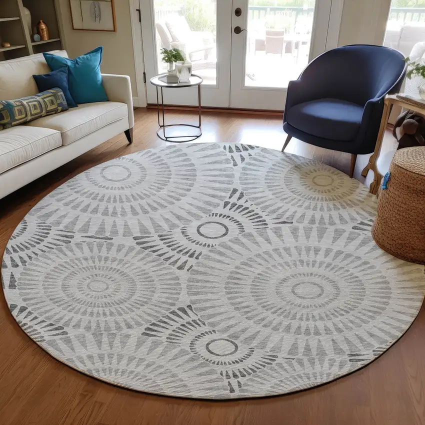 8' Gray And Dark Gray Round Geometric Washable Indoor Outdoor Area Rug Photo 8