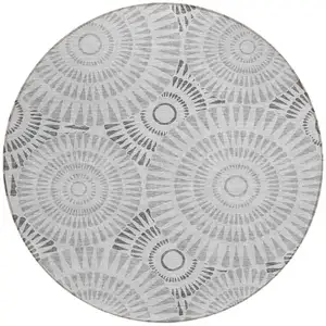Photo of 8' Gray And Dark Gray Round Geometric Washable Indoor Outdoor Area Rug