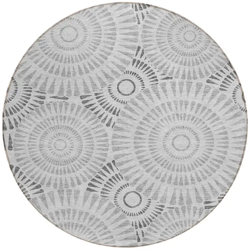 8' Gray And Dark Gray Round Geometric Washable Indoor Outdoor Area Rug Photo 6