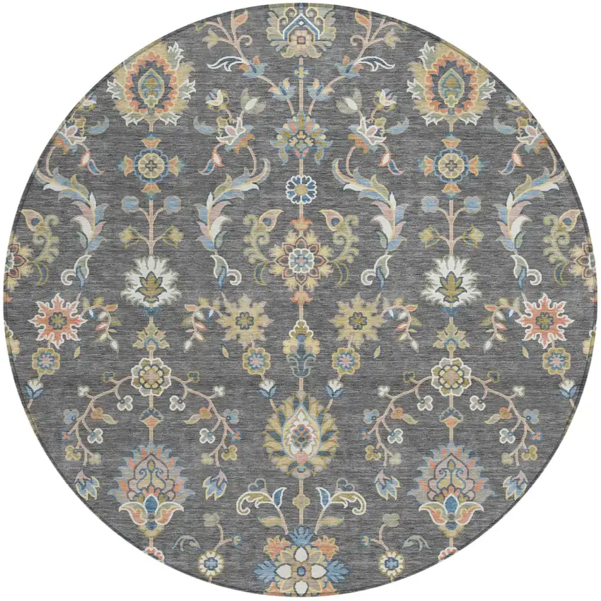 8' Gray And Denim Blue Round Abstract Washable Indoor Outdoor Area Rug Photo 1