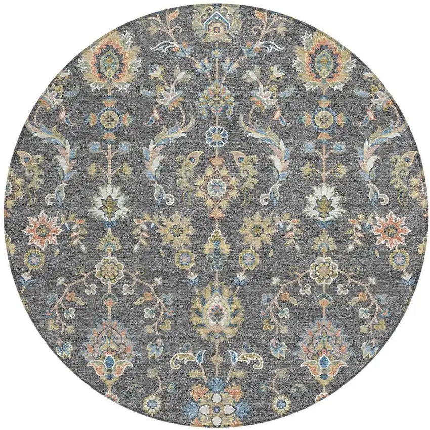 8' Gray And Denim Blue Round Abstract Washable Indoor Outdoor Area Rug Photo 3