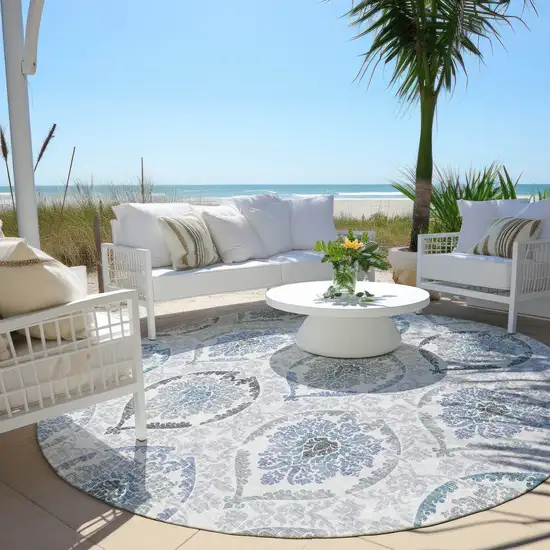 8' Gray And Denim Blue Round Medallion Washable Indoor Outdoor Area Rug Photo 6